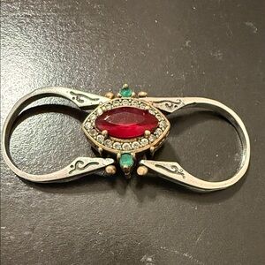 Red Crystal and Emerald Accent Double Loop Ring- Silver Tone